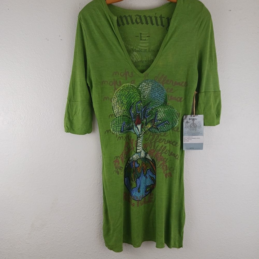 Humanity green short sleeve v neck blouse size L
